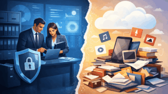 Ambiente seguro de documentos corporativos contrastando com nuvem desorganizada