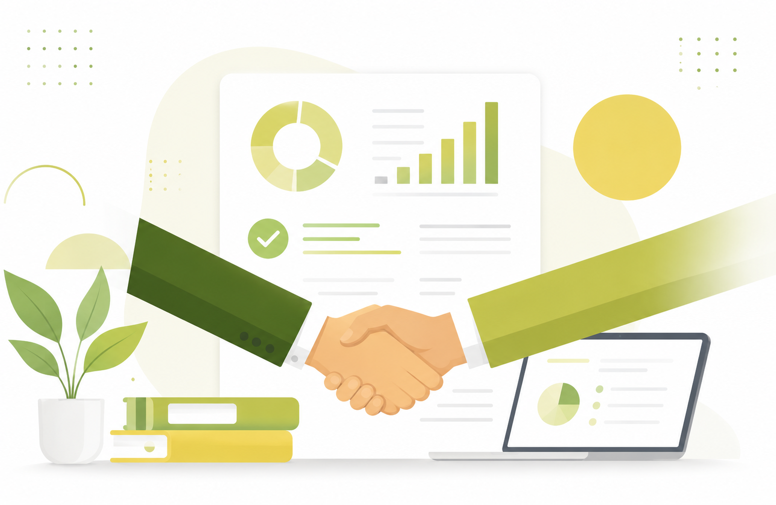 Negócios recentes de M&A com ilustração de acordo empresarial e análise de dados